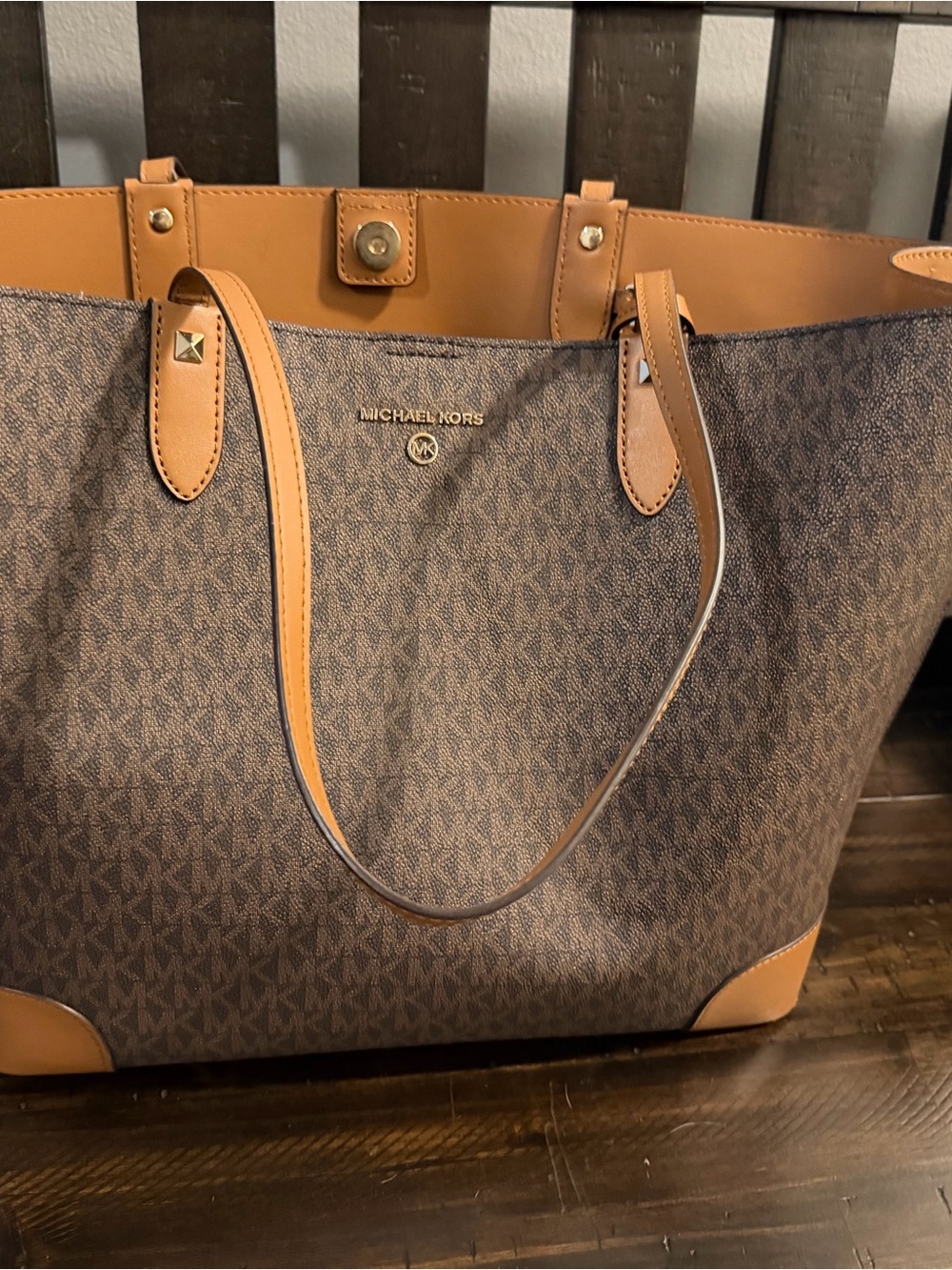 Michael Kors Brown Signature Tote with Tan Trim